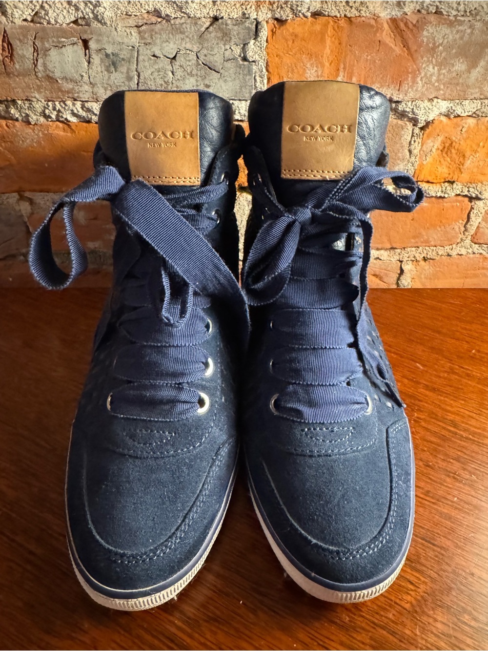 Coach Navy Suede Woven High-Top Wedge Sneakers Women’s Size 7.5